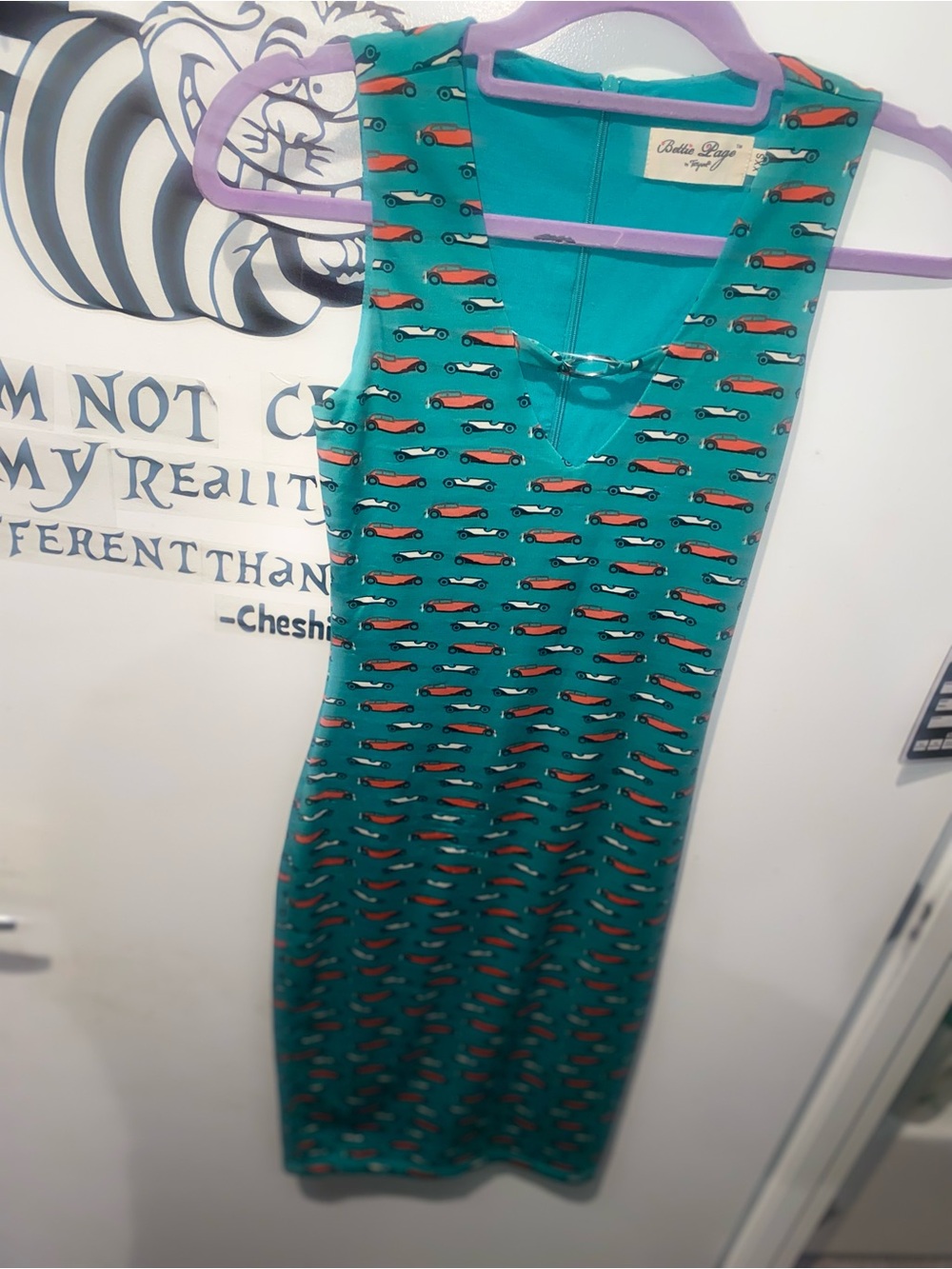 Bettie Page Teal Dress with Red & White Car Print
